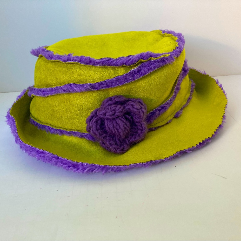 Women’s Faux Leather & Sheepskin Hat (Nylon) with flower, Lime Green and Purple.